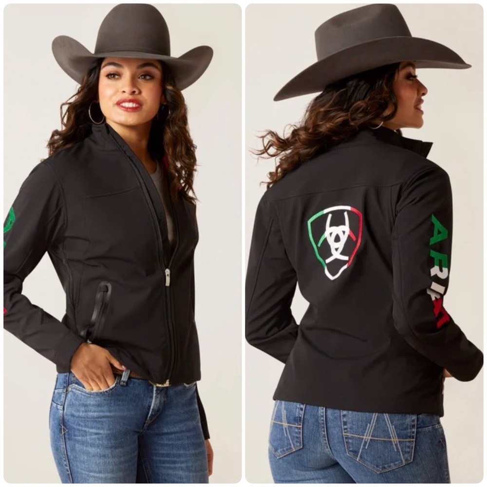 Ariat Womens Team Mexico Softshell Jacket Black Tri-Color Logo Western Coat Sz S